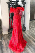 V Neck Mermaid Off Shoulder Red Lace Long Evening Prom Dress, Mermaid Red Formal Dress, Red Lace Evening Dress
