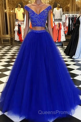 V Neck Off Shoulder 2 Pieces Beads Blue Tulle Long Evening Prom Dress, Blue 2 Pieces Ball Gown, Evening Dress