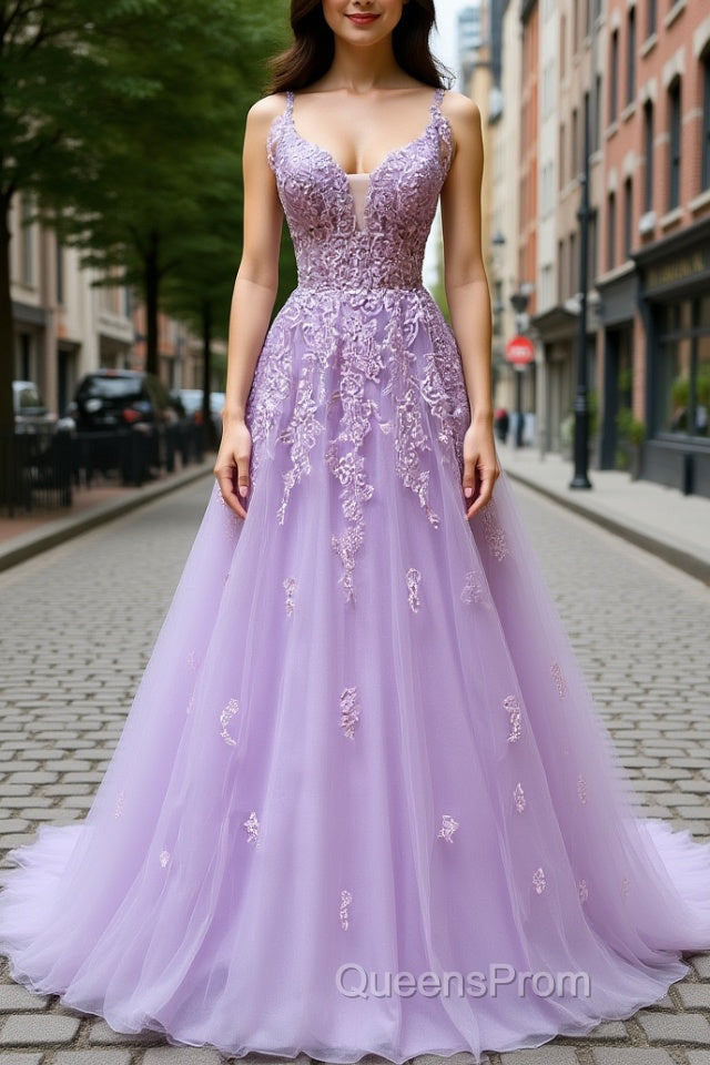 V Neck Off Shoulder Long Lilac Lace Evening Prom Dress, Off Shoulder Purple Lace Formal Graduation Evening Dress Main image