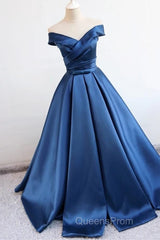 V Neck Off The Shoulder Long Satin Evening Prom Dress Ball Gowns