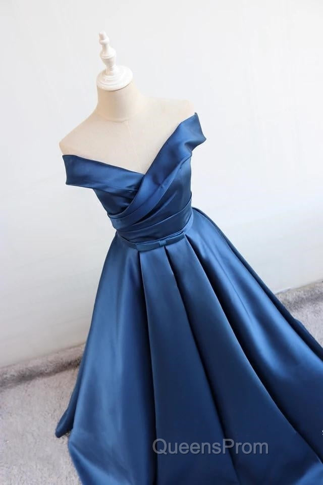 V Neck Off The Shoulder Long Satin Evening Prom Dress Ball Gowns
