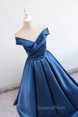 V Neck Off The Shoulder Long Satin Evening Prom Dress Ball Gowns