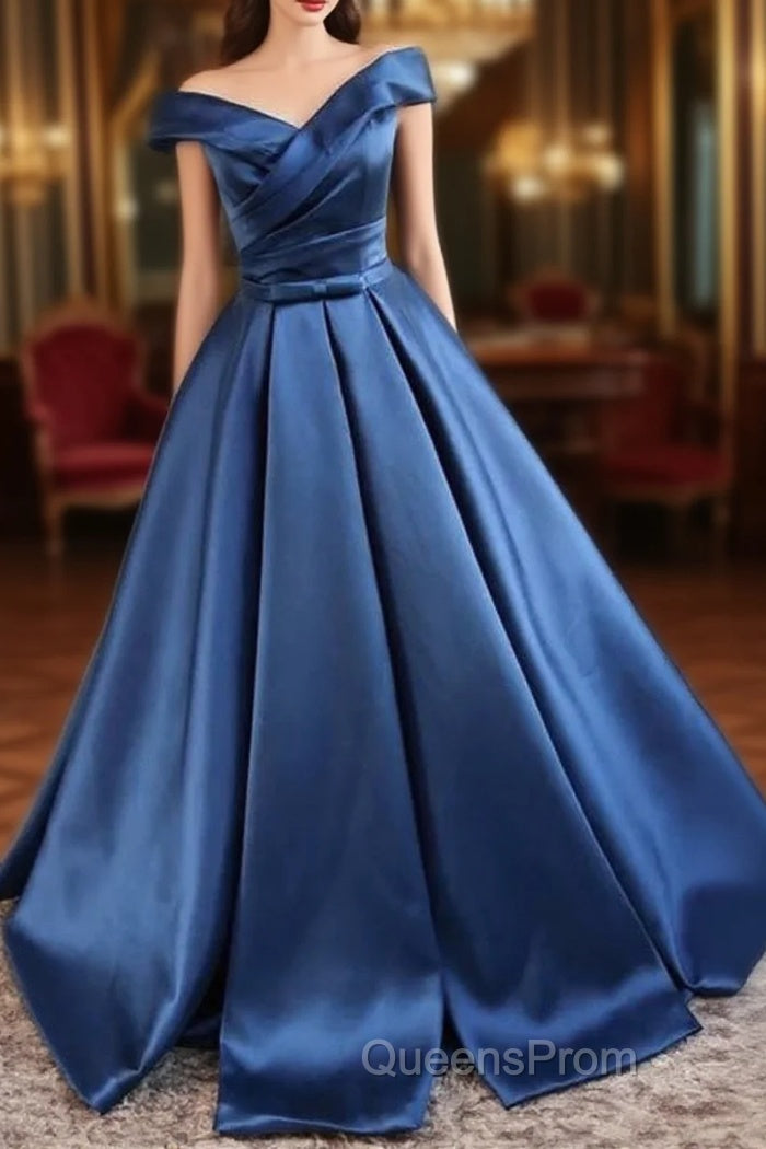V Neck Off The Shoulder Long Satin Evening Prom Dress Ball Gowns Main image