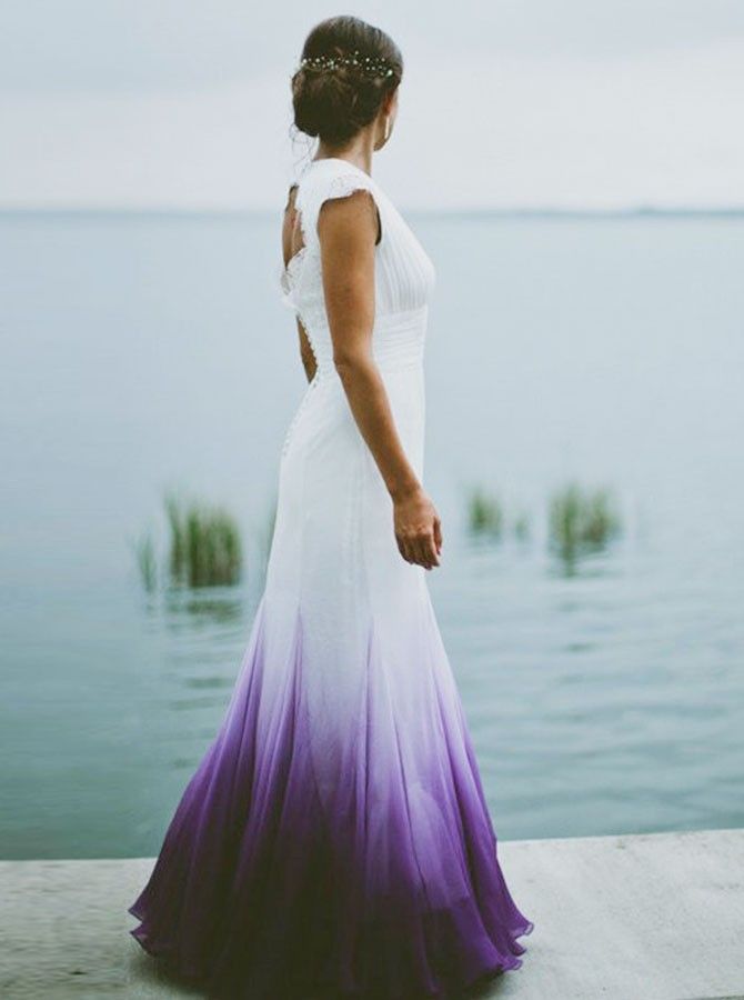 V Neck Ombre Classy Prom Dress, A Line Wedding Party Gown