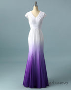 V Neck Ombre Classy Prom Dress, A Line Wedding Party Gown