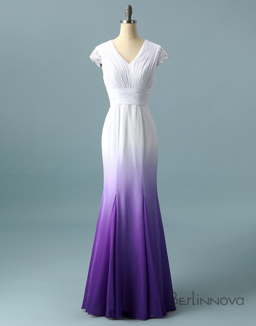 V Neck Ombre Classy Prom Dress, A Line Wedding Party Gown