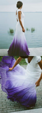 V Neck Ombre Classy Prom Dress, A Line Wedding Party Gown