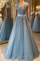 V Neck Open Back Beaded Blue Long Evening Prom Dress with 3D Flowers, Open Back Blue Formal Graduation Evening Dress