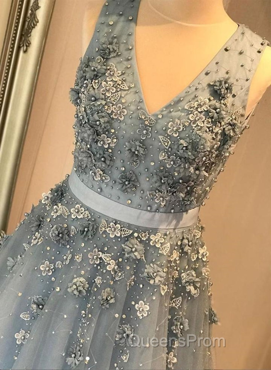 V Neck Open Back Beaded Blue Long Evening Prom Dress with 3D Flowers, Open Back Blue Formal Graduation Evening Dress