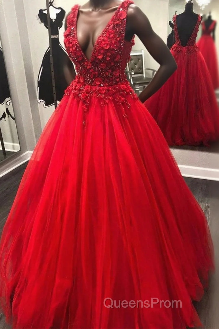 V Neck Open Back Beading Red Long Evening Prom Dress with 3D Flower, V Neck Red Formal Dress, Red Evening Dress Main image