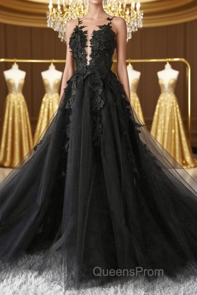 V Neck Open Back Black Tulle Lace Floral Long Evening Prom Dress, Black Lace Formal Evening Dress with Appliques Main image