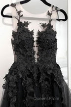 V Neck Open Back Black Tulle Lace Floral Long Evening Prom Dress, Black Lace Formal Evening Dress with Appliques