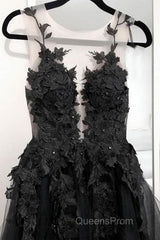 V Neck Open Back Black Tulle Lace Floral Long Evening Prom Dress, Black Lace Formal Evening Dress with Appliques