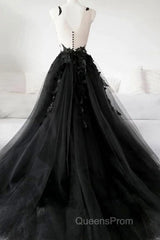 V Neck Open Back Black Tulle Lace Floral Long Evening Prom Dress, Black Lace Formal Evening Dress with Appliques