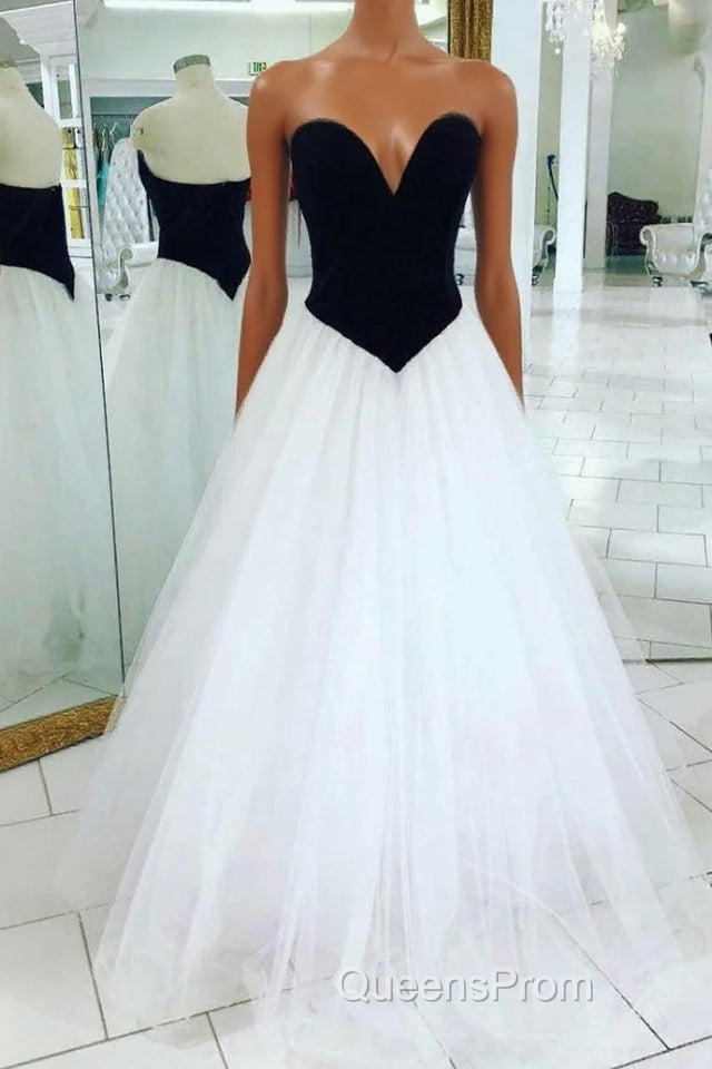 V Neck Open Back Black Velvet Top White Long Evening Prom Dress, V Neck Black and White Formal Evening Dress Main image