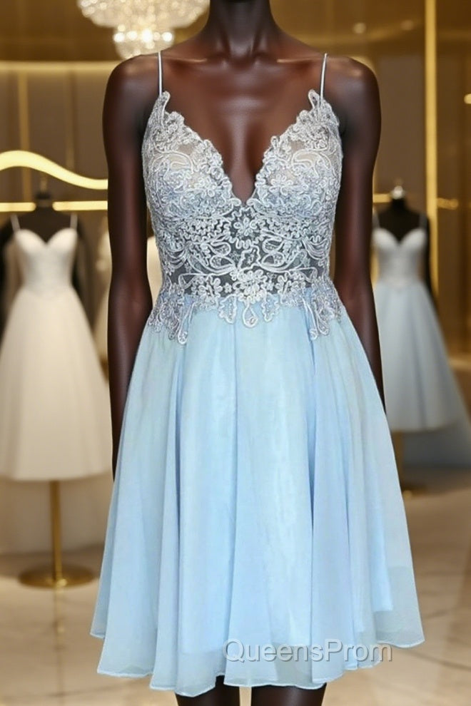 V Neck Open Back Blue Lace Short Evening Prom Dress, Blue Lace Homecoming Dress, Short Blue Formal Evening Dress