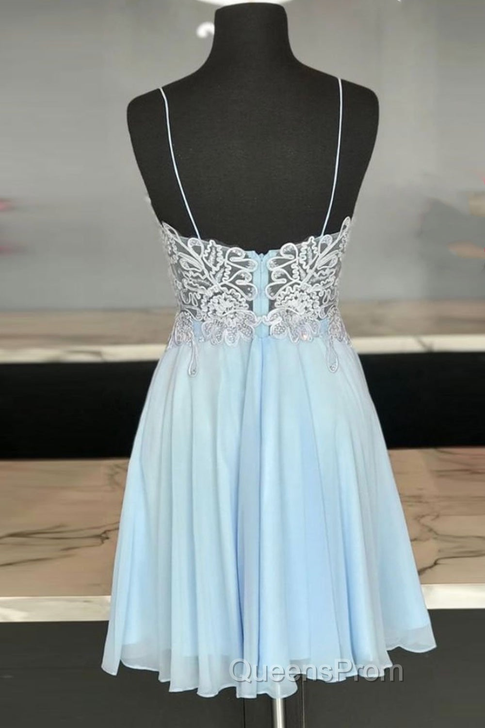 V Neck Open Back Blue Lace Short Evening Prom Dress, Blue Lace Homecoming Dress, Short Blue Formal Evening Dress