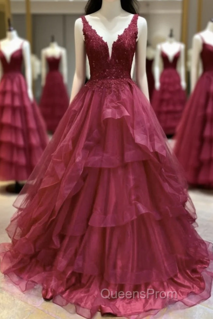 V Neck Open Back Burgundy Lace Long Evening Prom Dress, Burgundy Lace Formal Evening Dress, Burgundy Ball Gown Main image