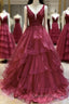V Neck Open Back Burgundy Lace Long Evening Prom Dress, Burgundy Lace Formal Evening Dress, Burgundy Ball Gown