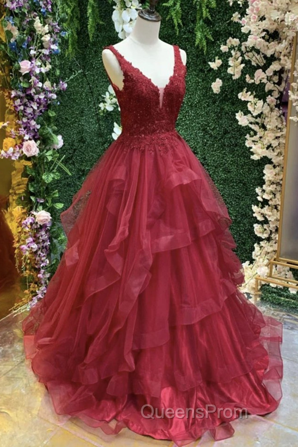 V Neck Open Back Burgundy Lace Long Evening Prom Dress, Burgundy Lace Formal Evening Dress, Burgundy Ball Gown