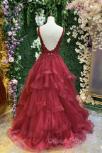 V Neck Open Back Burgundy Lace Long Evening Prom Dress, Burgundy Lace Formal Evening Dress, Burgundy Ball Gown