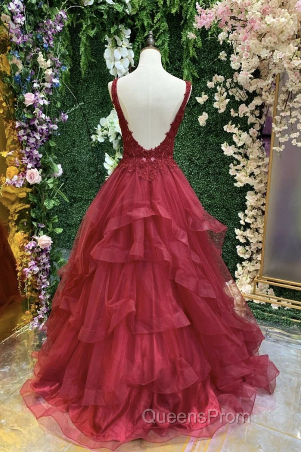 V Neck Open Back Burgundy Lace Long Evening Prom Dress, Burgundy Lace Formal Evening Dress, Burgundy Ball Gown