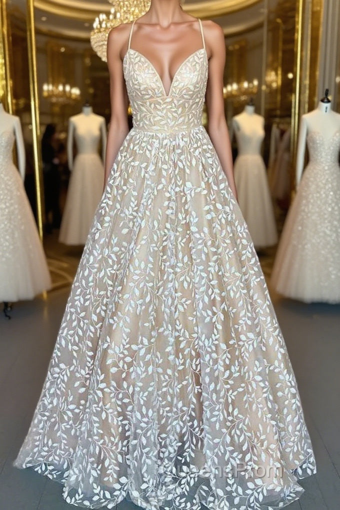 V Neck Open Back Champagne Lace Long Evening Prom Dress, Champagne Lace Formal Graduation Evening Dress Main image