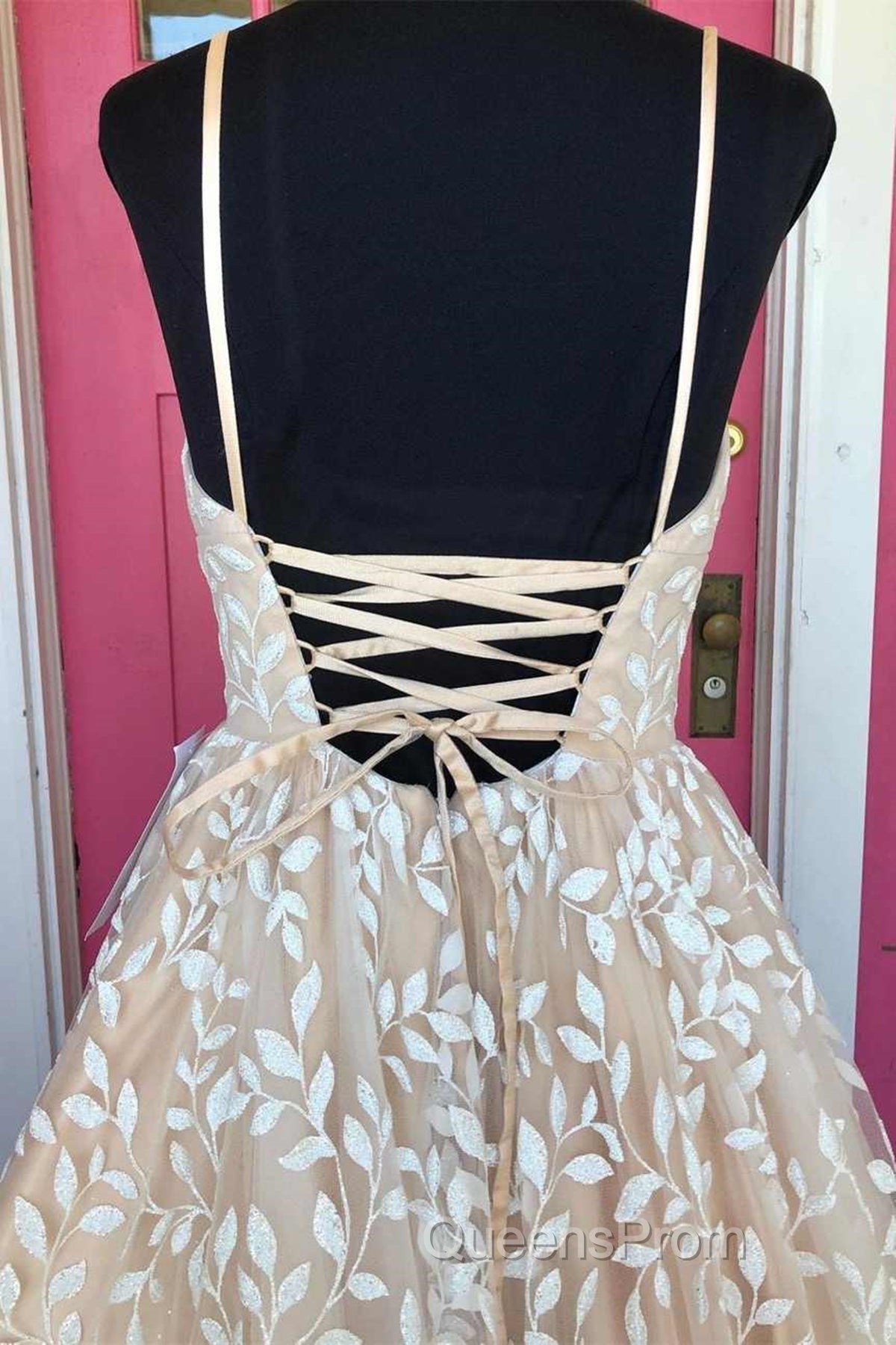 V Neck Open Back Champagne Lace Long Evening Prom Dress, Champagne Lace Formal Graduation Evening Dress