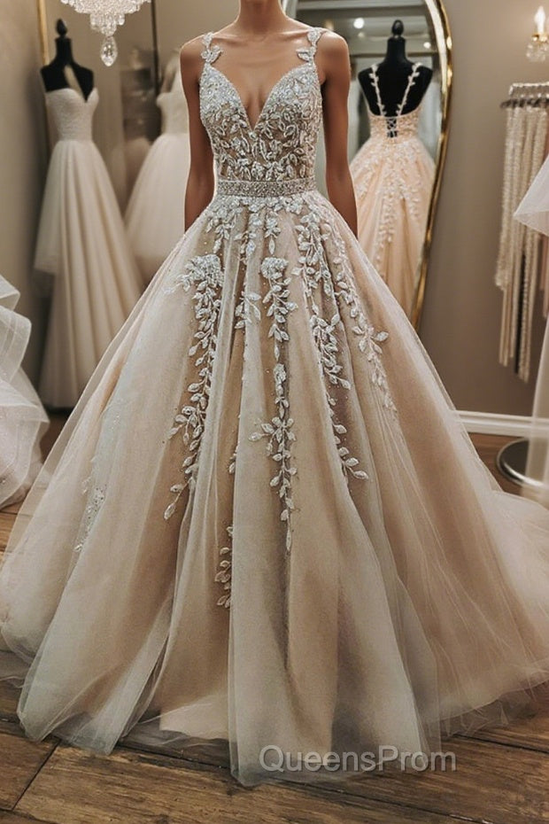 V Neck Open Back Champagne Tulle Lace Long Evening Prom Dress with Belt, Champagne Lace Formal Evening Dress, Champagne Ball Gown Main image