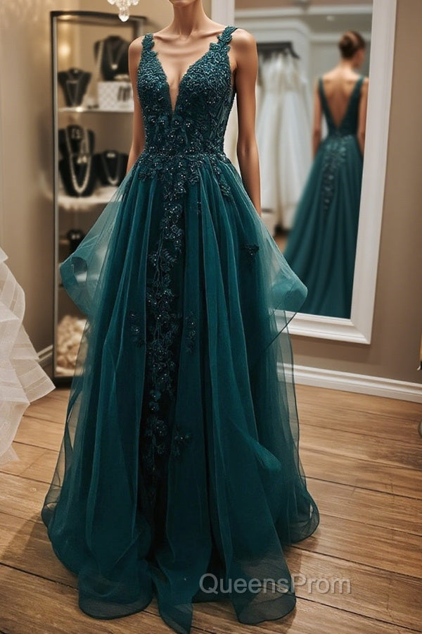 V Neck Open Back Dark Green Lace Beaded Long Evening Prom Dress, Dark Green Lace Formal Dress, Dark Green Evening Dress Main image