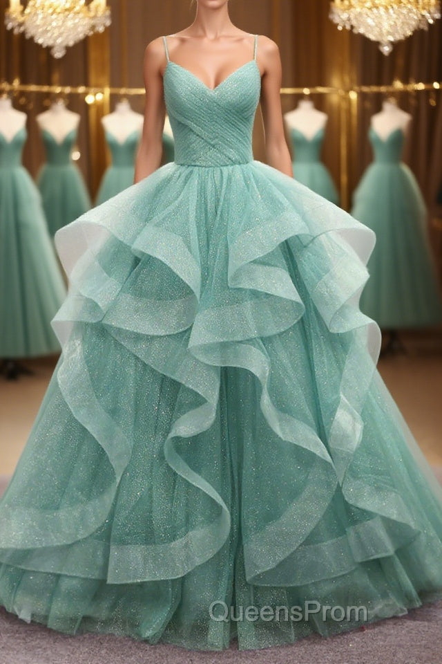 V Neck Open Back Fluffy Green Tulle Long Evening Prom Dress, Green Formal Evening Dress, Ball Gown