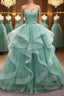 V Neck Open Back Fluffy Green Tulle Long Evening Prom Dress, Green Formal Evening Dress, Ball Gown