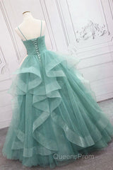 V Neck Open Back Fluffy Green Tulle Long Evening Prom Dress, Green Formal Evening Dress, Ball Gown