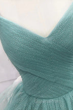 V Neck Open Back Fluffy Green Tulle Long Evening Prom Dress, Green Formal Evening Dress, Ball Gown