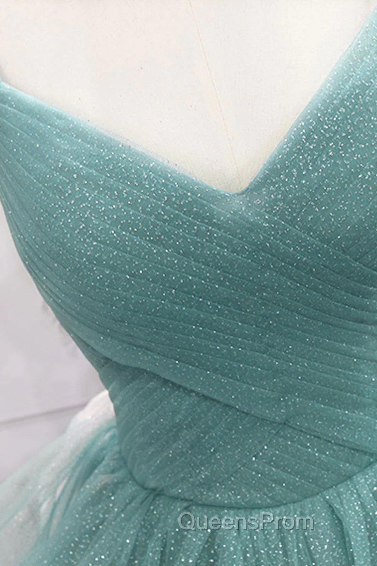V Neck Open Back Fluffy Green Tulle Long Evening Prom Dress, Green Formal Evening Dress, Ball Gown