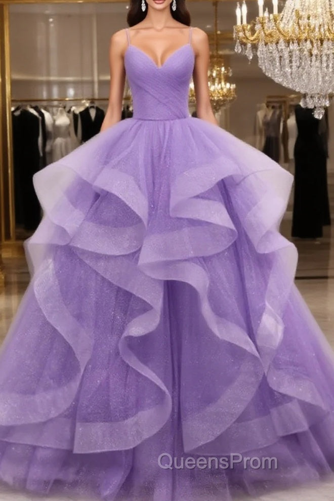 V Neck Open Back Fluffy Purple Tulle Long Evening Prom Dress Main image