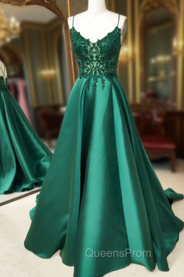 V Neck Open Back Green Lace Long Evening Prom Dress, V Neck Backless Green Lace Long Evening Graduation Evening Dress Main image