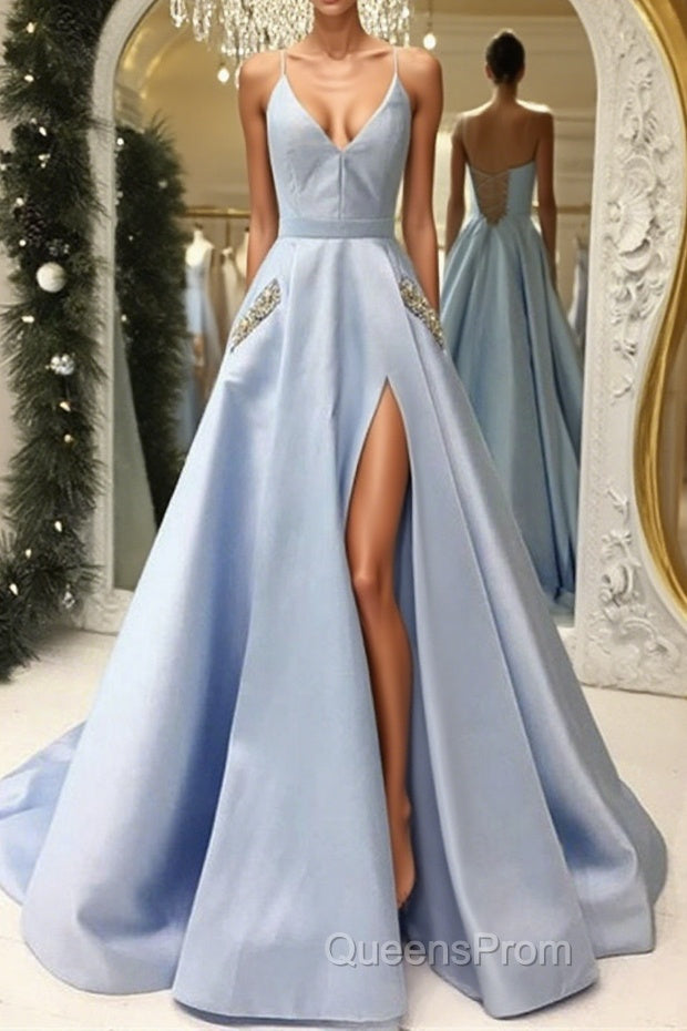 V Neck Open Back Light Blue Satin Long Evening Prom Dress with Pocket Main image