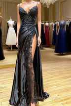 V Neck Open Back Mermaid Black Lace Long Evening Prom Dress with High Slit, Mermaid Black Formal Dress, Black Lace Evening Dress