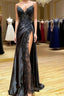 V Neck Open Back Mermaid Black Lace Long Evening Prom Dress with High Slit, Mermaid Black Formal Dress, Black Lace Evening Dress