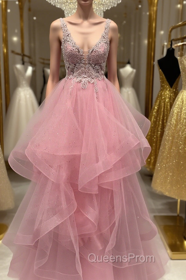 V Neck Open Back Pink Lace Puffy Tulle Long Evening Prom Dress, Pink Lace Formal Dress, Pink Evening Dress Main image