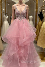 V Neck Open Back Pink Lace Puffy Tulle Long Evening Prom Dress, Pink Lace Formal Dress, Pink Evening Dress