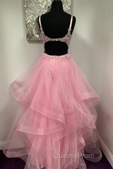 V Neck Open Back Pink Lace Puffy Tulle Long Evening Prom Dress, Pink Lace Formal Dress, Pink Evening Dress