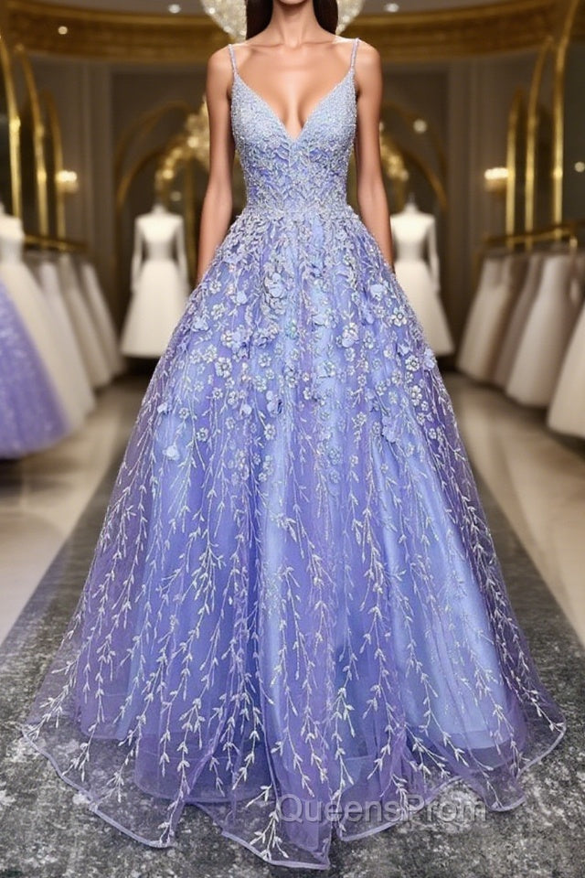 V Neck Open Back Purple Lace Floral Long Evening Prom Dress, Purple Lace Floral Formal Evening Dress Main image