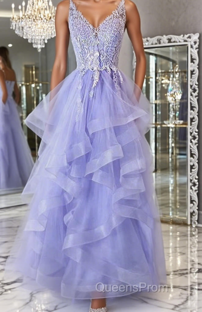V Neck Open Back Purple Lace Long Evening Prom Dress, Purple Lace Formal Evening Dress, Purple Ball Gown