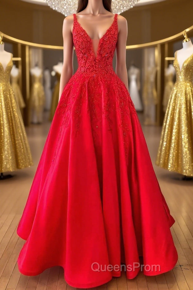 V Neck Open Back Red Lace Long Evening Prom Dress, Red Lace Formal Dress, Beaded Red Evening Dress Main image