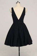 V Neck Open Back Short Black Evening Prom Dress, V Neck Black Homecoming Dress, Black Formal Evening Dress