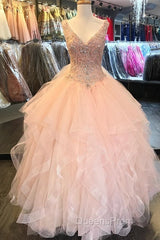 V Neck Organza Ruffles Ball Gown Quinceanera Dress
