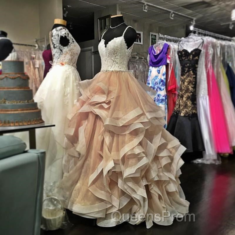 V Neck Organza Ruffles Champagne Wedding Dress Ball Gown Ivory Lace Appliques