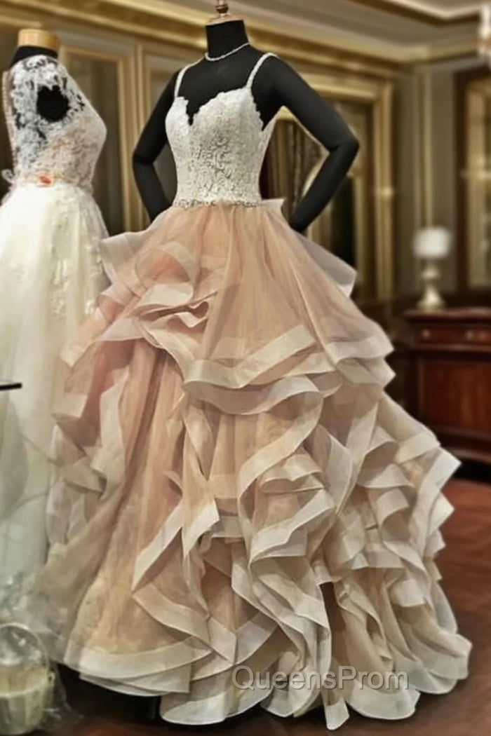V Neck Organza Ruffles Champagne Wedding Dress Ball Gown Ivory Lace Appliques